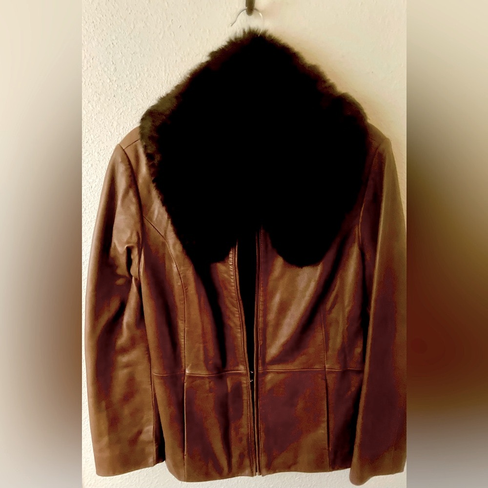 Anne Klein 1990’s Brown Leather Jacket with removable Fur Collar